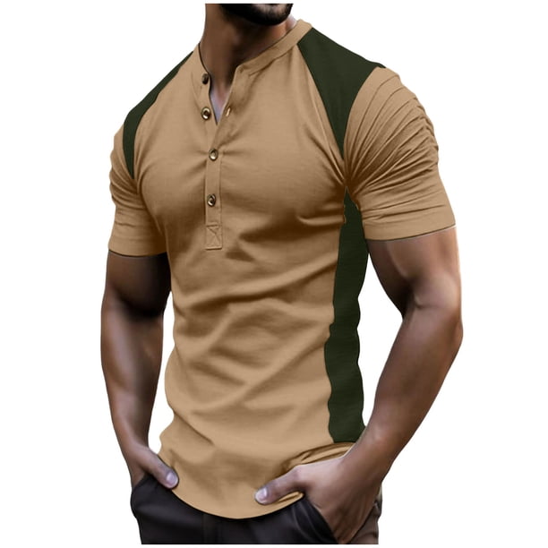 Tops para hombre, blusas y camisas de manga corta con cuello redondo para hombre, blusa informal con botones y cuello redondo de color liso para hombre.