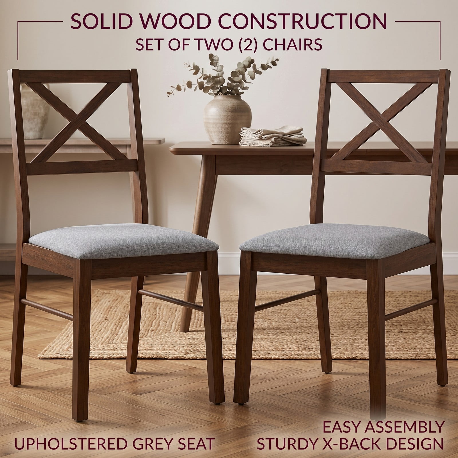 Furnibear Upholstered Dining Chairs Set of 2, Padded Side Chairs with Rubber Wood Frame, Ergonomic Cross Backrest & Non-Slip Foot Pads for Kitchen Living Room, Brown