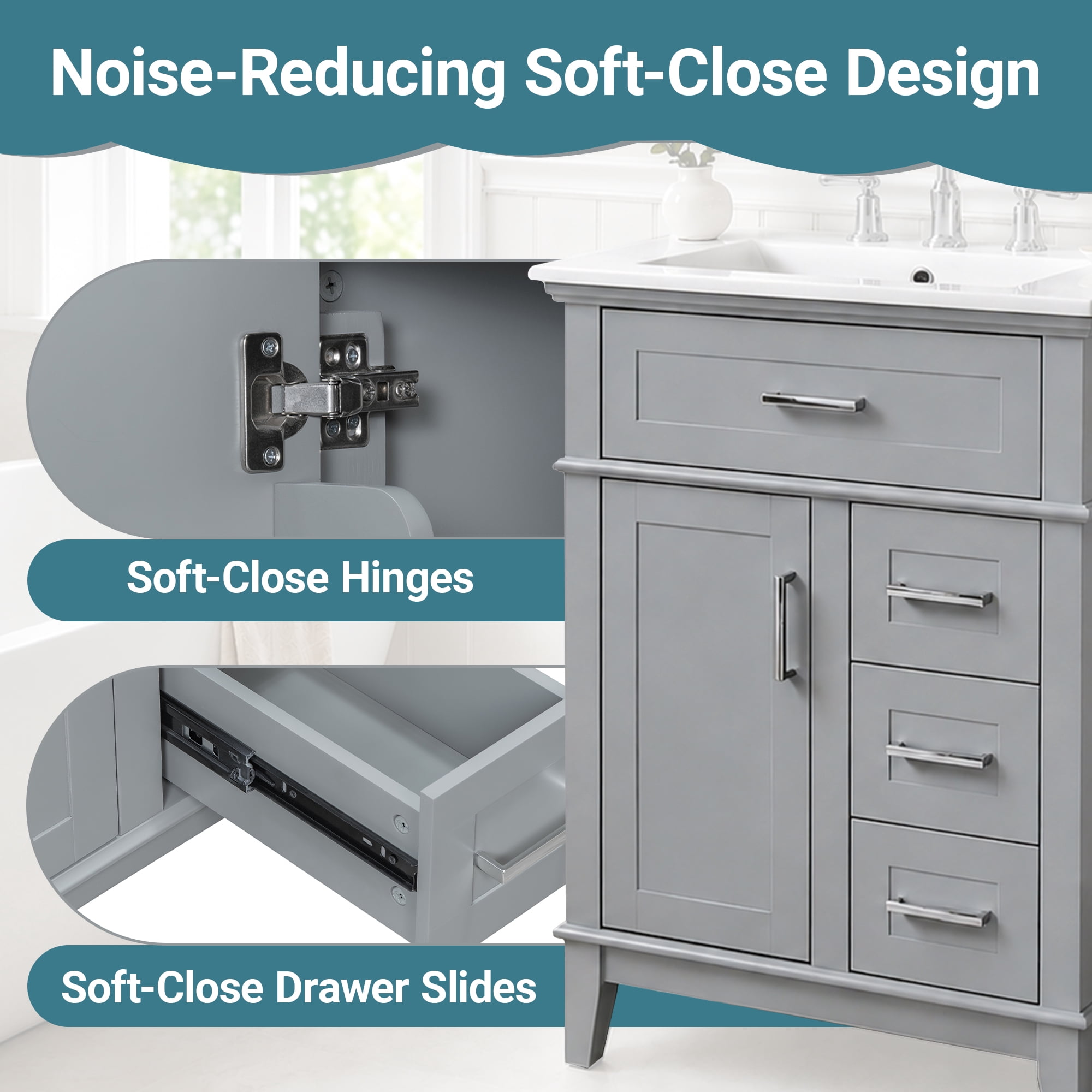 GARITIN 24 Inch Bathroom Vanity with Ceramic Sink, Solid Wood Frame & MDF Cabinet, 1 Door, Flip Drawer & 3 Drawers, Soft Close Hinges, Adjustable Shelf, Gray