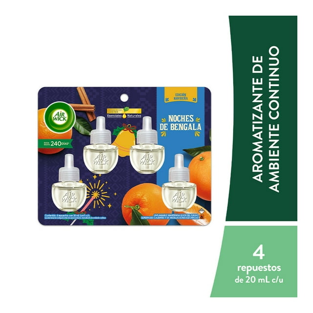 Aromatizante de Ambiente Continuo Liquido Electrico Airwick Noches de Bengala, 4 repuestos de 20 mL c/u.