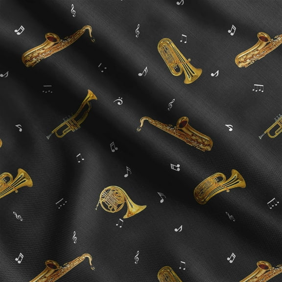 Soimoi Musical Instruments Print, Silk Fabric, Decor Sewing Fabric by The Yard 42 Inch Wide,Decorative Fabric for Shirts Suits Ties, Black
