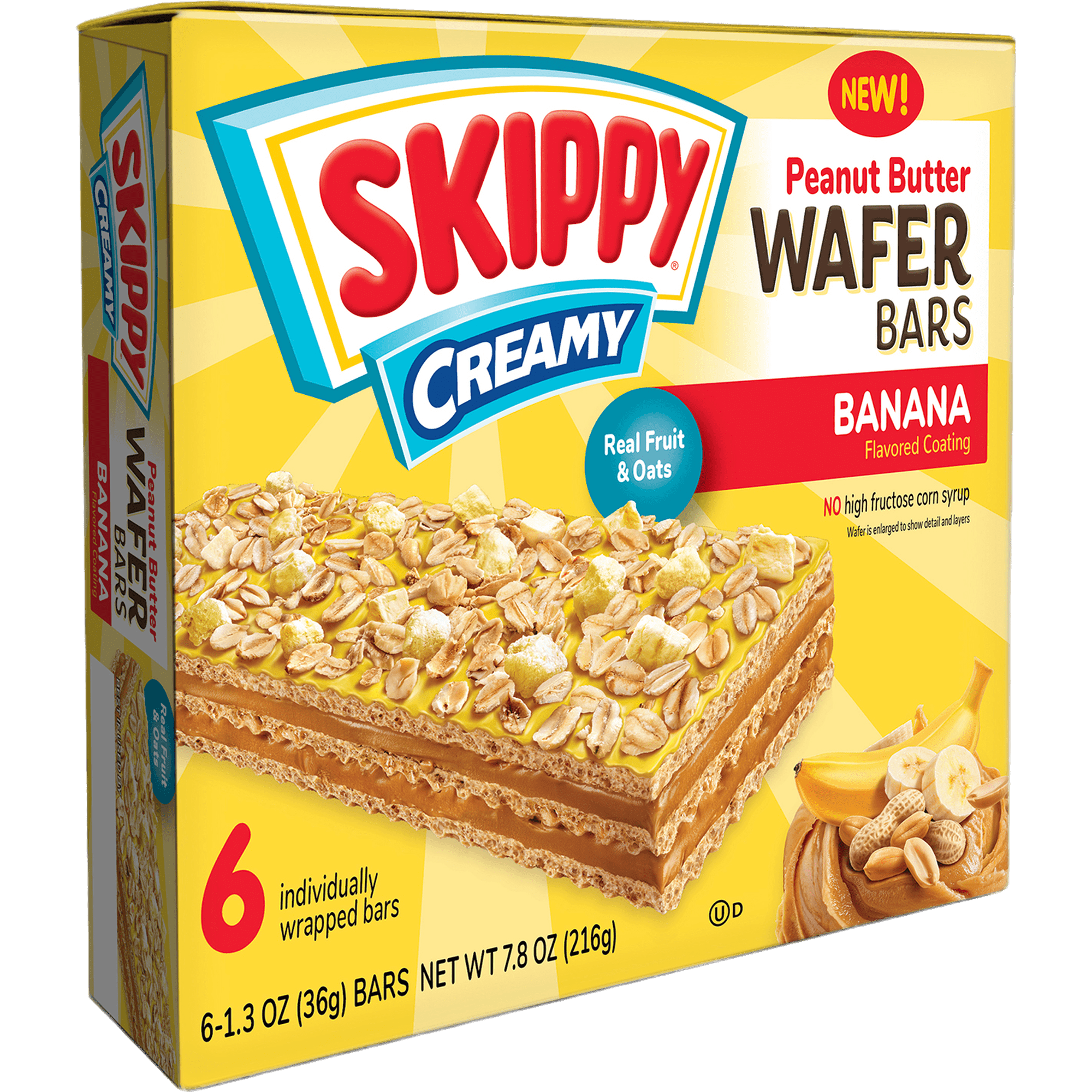 SKIPPY Creamy Banana Coating & Peanut Butter Wafer bars - 6 Individually Wrapped Snack Bars - 1.3 Oz (36g) Per Bar