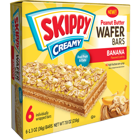 SKIPPY Creamy Banana Coating & Peanut Butter Wafer bars - 6 Individually Wrapped Snack Bars - 1.3 Oz (36g) Per Bar
