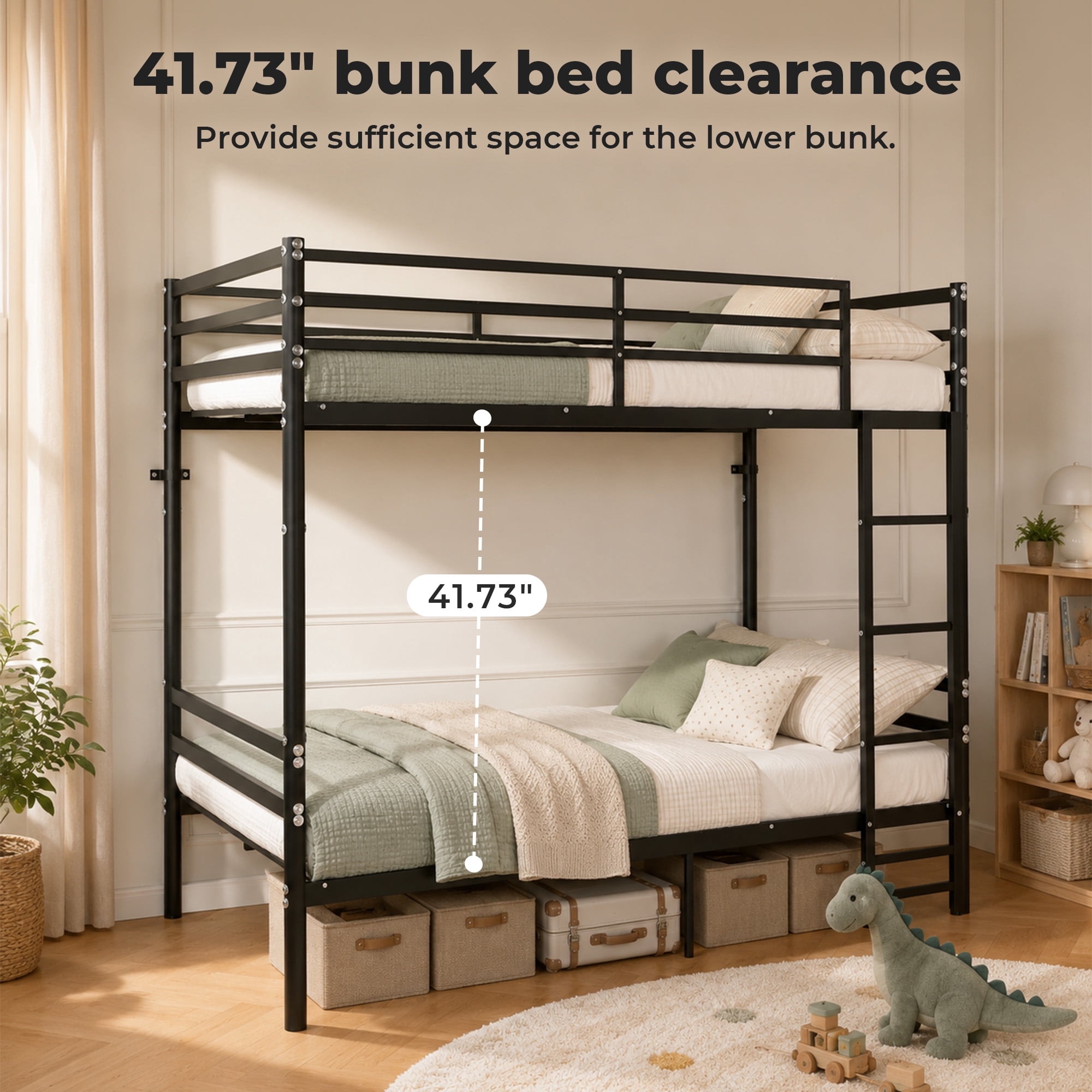 Alvantor Bunk Bed Twin over Twin, Metal Bunk Bed for Kids with Ladder and 14" Guardrail Black