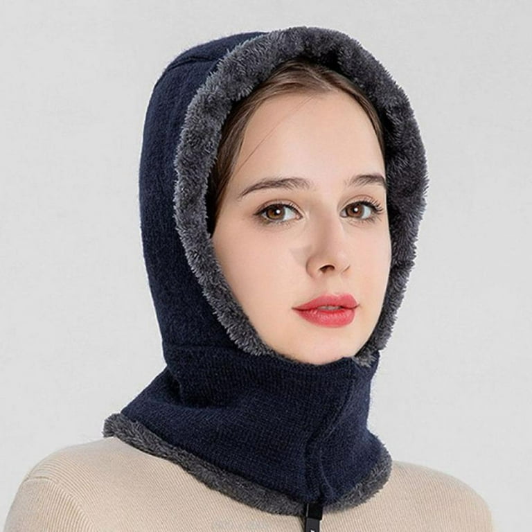 Women Winter Hood Neck Warmer Fleece Lined Balaclava Windproof Warm Knit Full Cover Hooded Cap Balaclava Plush Hood Face Ski Mask