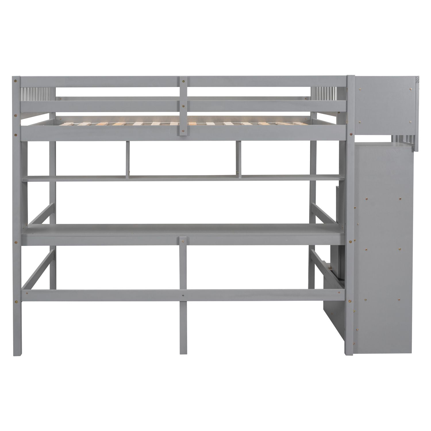 Asteroutdoor Full-Over-Full Bunk Bed with Twin Trundle, Storage Drawers, Desk, USB Outlets, Gray, 94.9 in x 54.1 in x 65.4 in