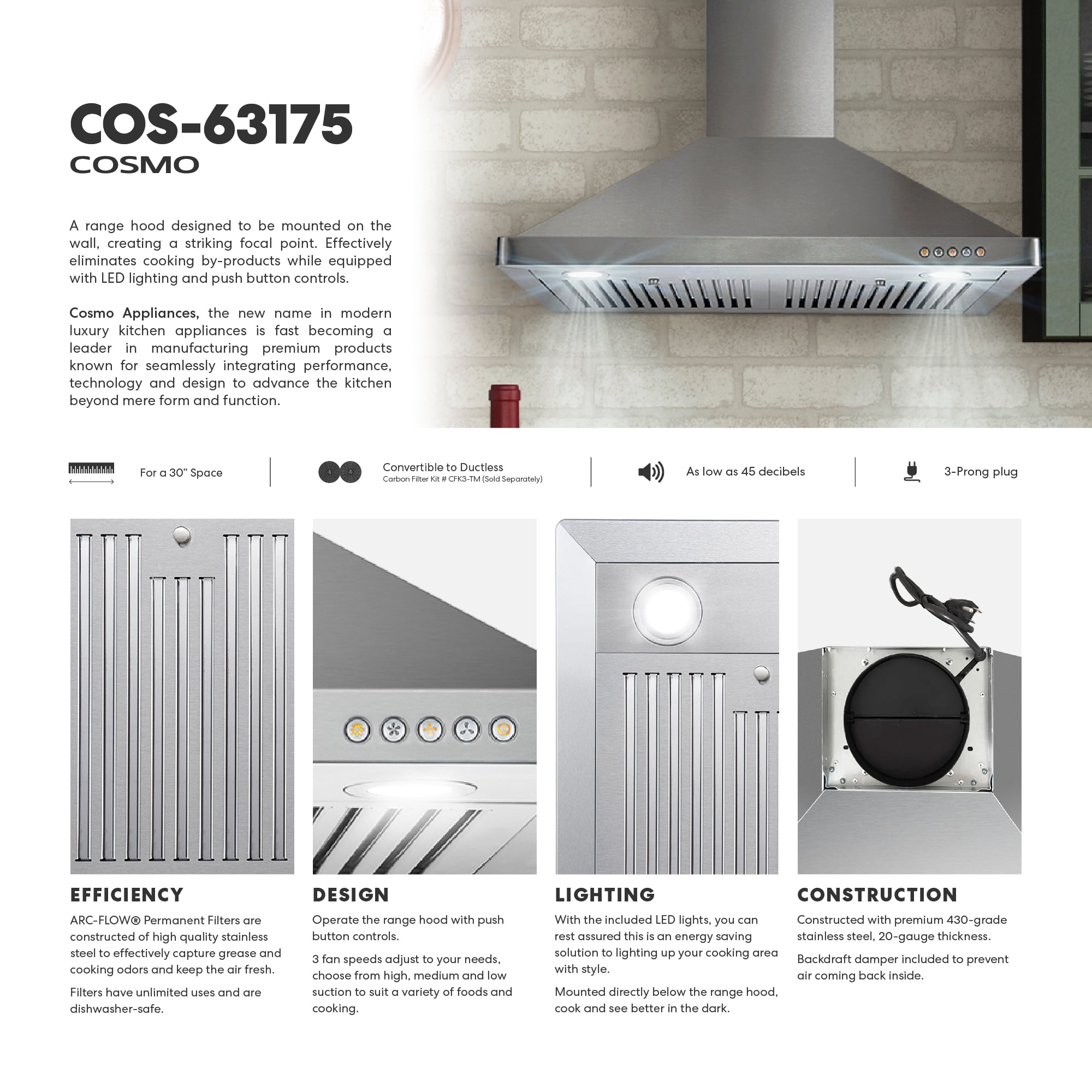 Cosmo 30 in. Ducted Wall Mount Range Hood in Stainless Steel with LED Lighting and Permanent Filters