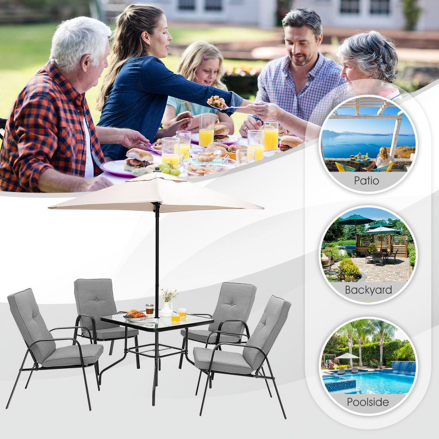 Aimee Lii 6 Pieces Patio Dining Set with Umbrella and Stackable Cushioned Chairs, Outdoor Patio Furniture Aimee Lii 6 Pieces Patio Dining Set with Umbrella and Stackable Cushioned Chairs, Outdoor Patio Furniture