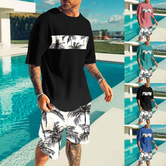 UVEASISHA Hawaiian Sets for Men Loose Fit Casual Beach Outfits Summer Short Sleeve Tshirts and Bermuda Shorts 2 Piece Set 2025 Fashion Outfit Black L