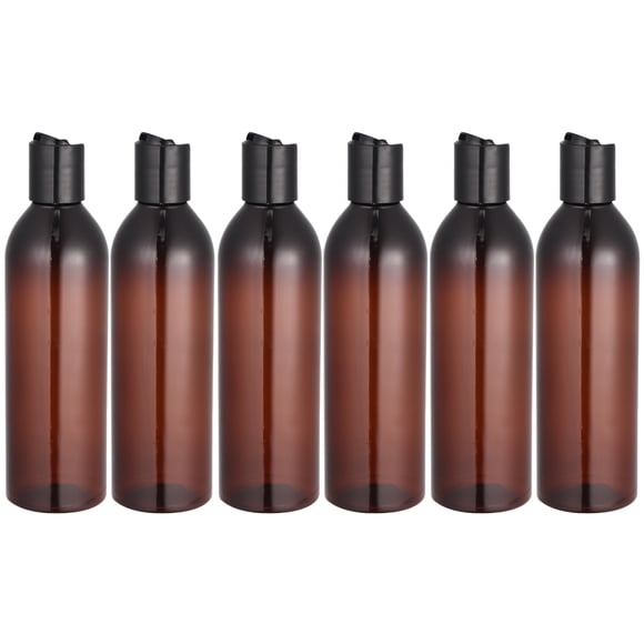 6 frascos de viaje de 250 ml con tapa a presión, envase cosmético portátil vacío para champú o loción (frasco marrón y tapa negra).