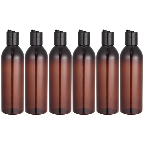 6 frascos de viaje de 250 ml con tapa a presión, envase cosmético portátil vacío para champú o loción (frasco marrón y tapa negra).