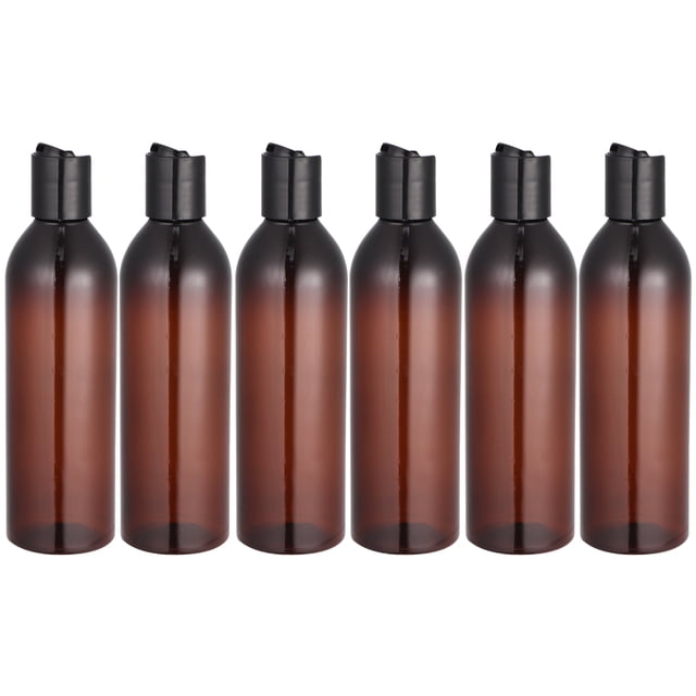 6 frascos de viaje de 250 ml con tapa a presión, envase cosmético portátil vacío para champú o loción (frasco marrón y tapa negra).