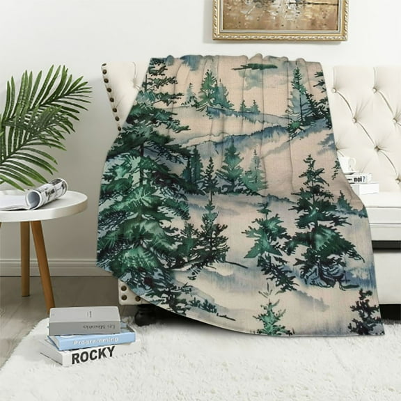 Nawypu Indigo Hill Accents Joshua Sherpa Throw Blankets, Forest Pine Trees Nature Woodland Mountain Print Western Blanket for Camping Outdoor, Cabin Lodge Rustic Sherpa Blanket