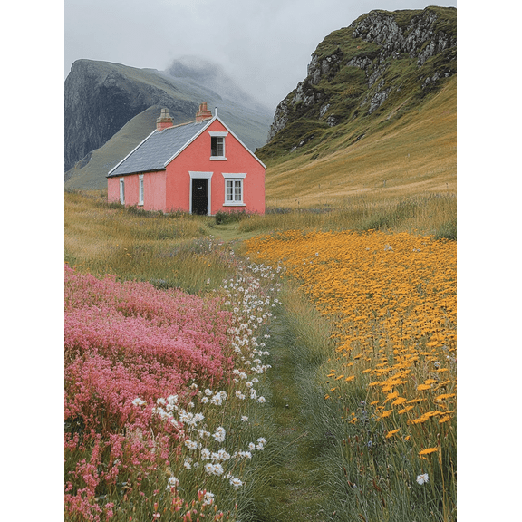 Pink Cottage Landscape Canvas Wall Art, Perfect for Living Room, Hallway, and Farmhouse Decor