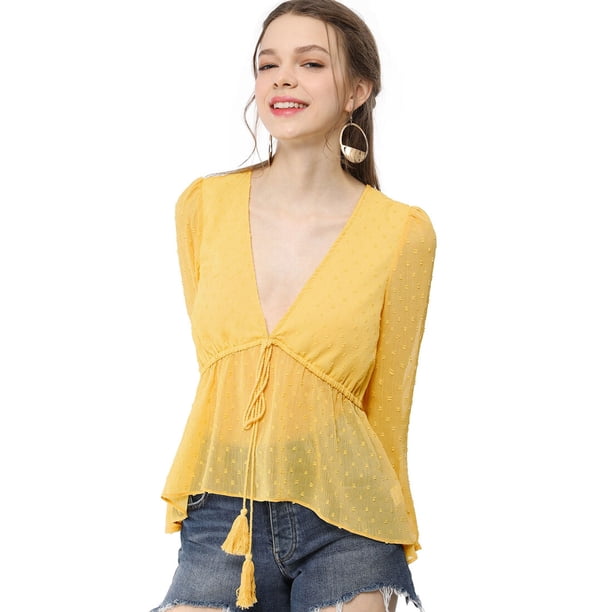 Top Allegra K de gasa transparente con mangas largas y cuello en V profundo Amarillo L