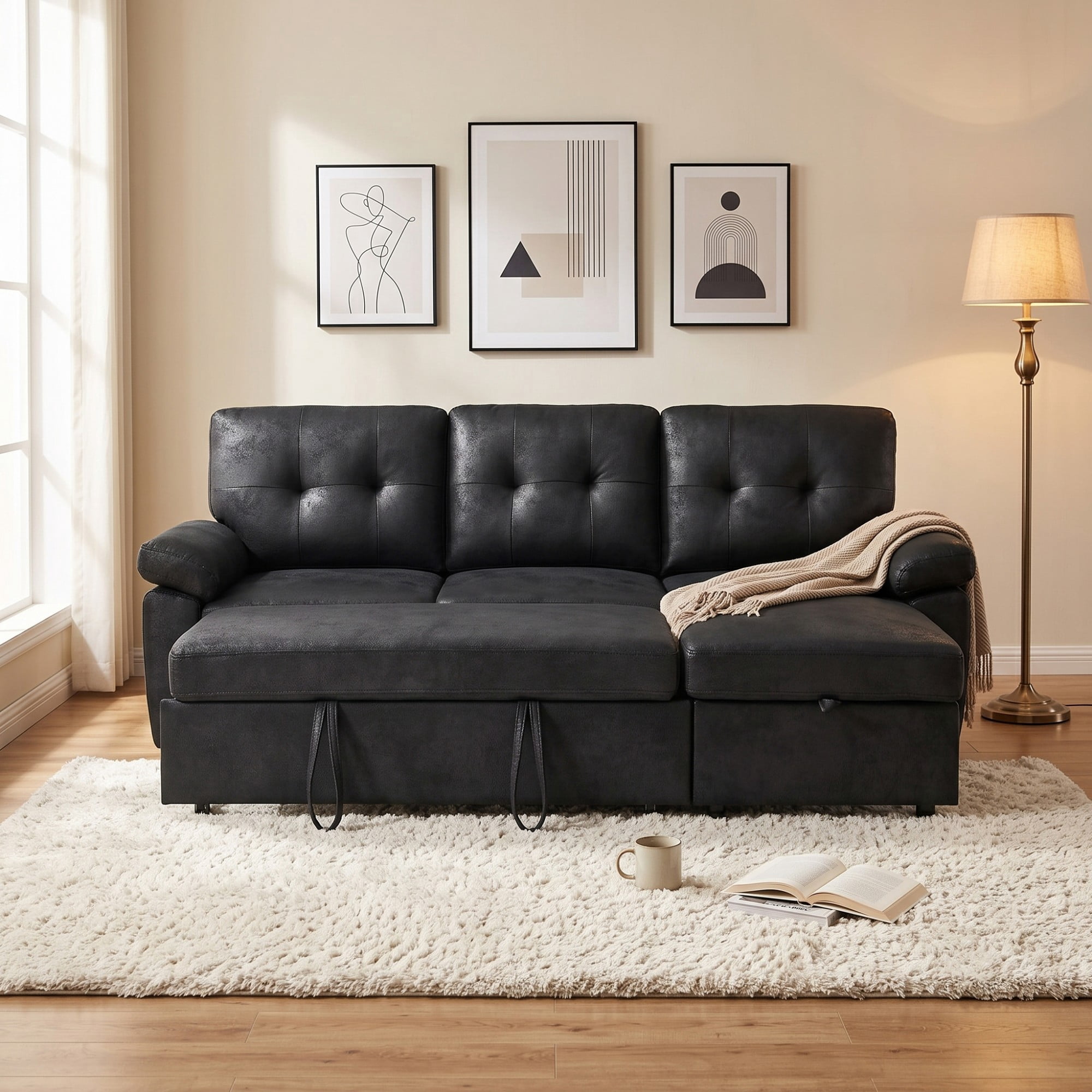 BSHTI 88.5" Polyester Fabric L-Shaped Sectional Sleeper Sofa Bed with Pull-Out Bed, Storage Chaise for Living Room( Light Brown)