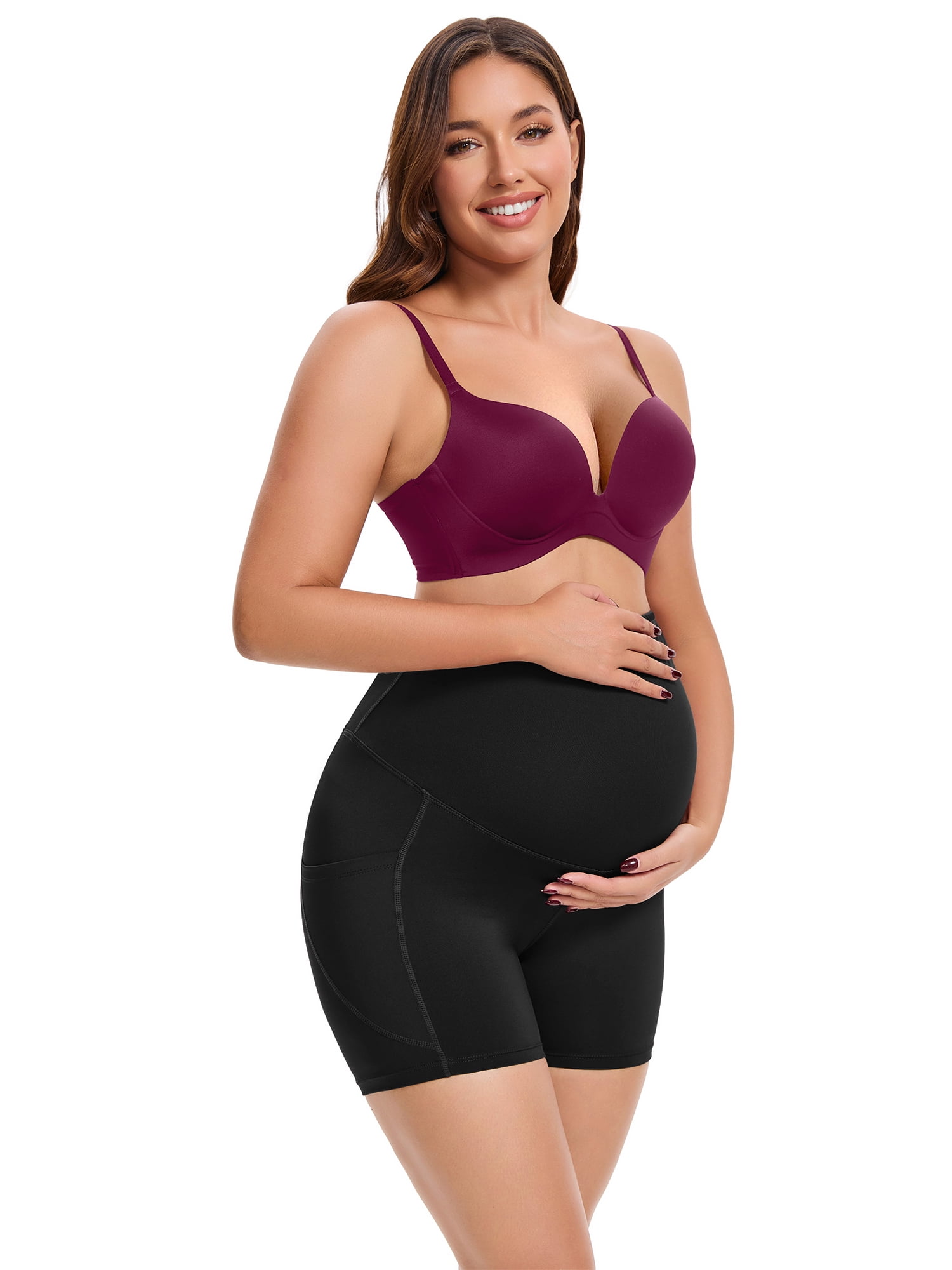 DARING DIVA Women's Maternity Mid Thigh Belly Support High Waist Shorts S Black