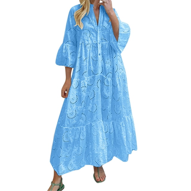 Kcodviy Robe Portefeuille d'Été et d'Automne pour Femmes, Robe d'Été à Col en V, Manches Évasées, Robe Maxi à Col en V, Robe Longue en Dentelle Ajourée, Robe Formelle d'Automne pour Femmes