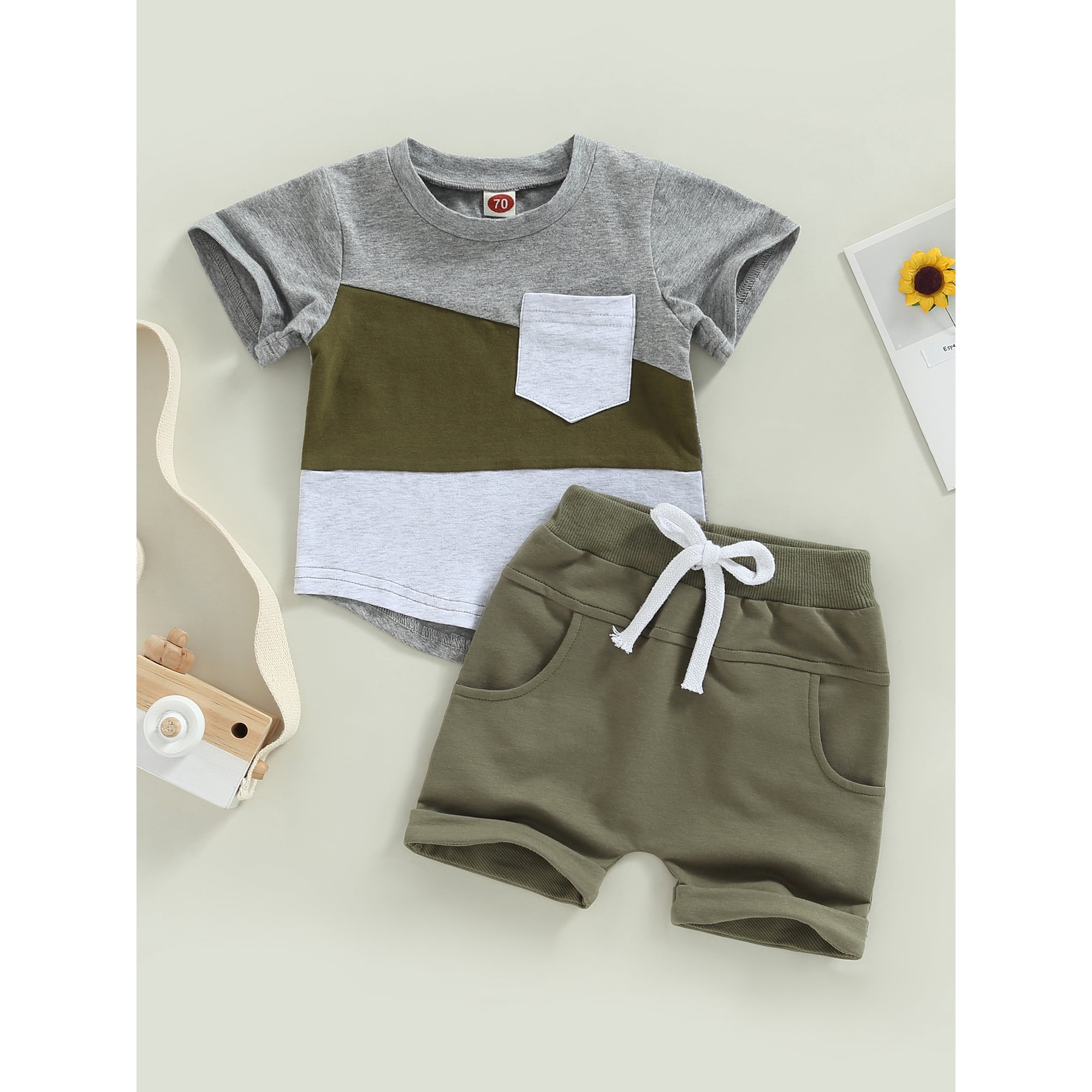 Faithtur Toddler Baby Boy Summer Clothes Suits Contrast Color Short Sleeve Crew Neck T Shirts Tops Elastic Waist Shorts 2pcs Set Green