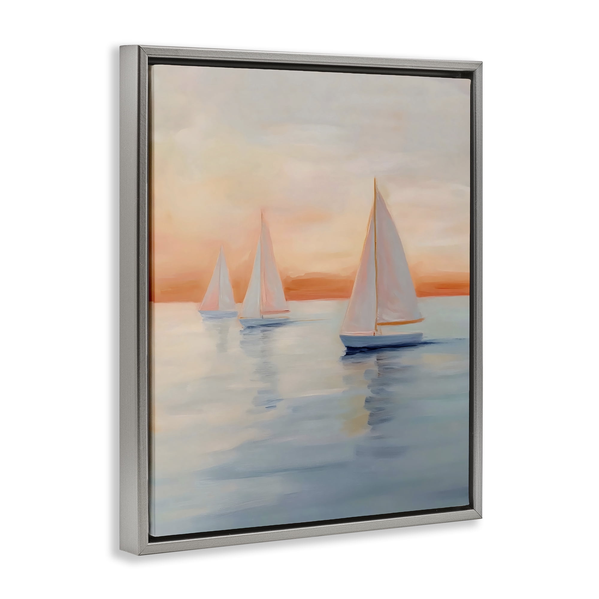 Stupell Industries Sunset Sailboats Over Calm Sea Gray Framed Floater Canvas Wall Art, design by Creative Studio