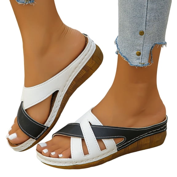 Rokment Women's Orthotic Wedge Walking Sandals Comfortable Fashion Color Block Leather Arch Support Platform Nursing Dress Slip on Casual Beach Summer Slides Black Size 6