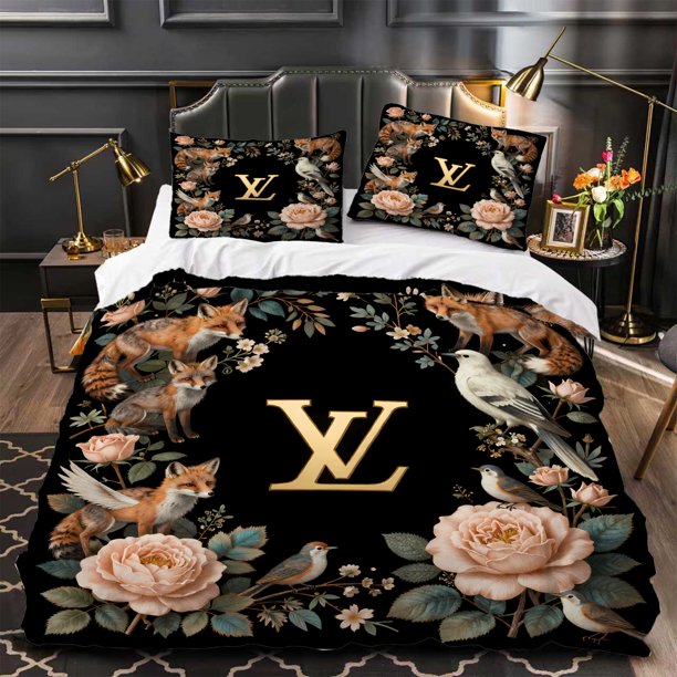 Juego de cama de 3 piezas con patrón floral en negro y dorado, con diseños de animales, decoración moderna y elegante