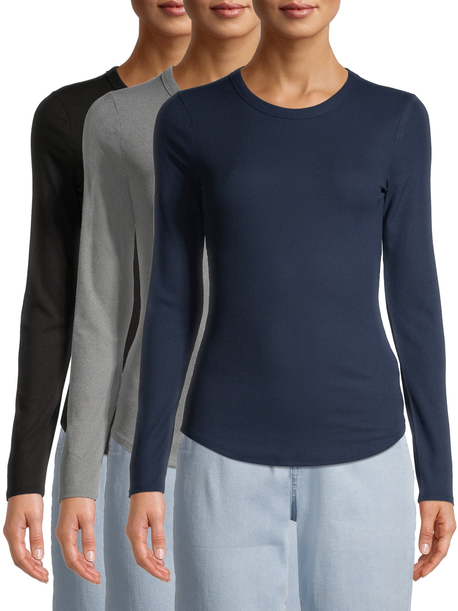 No Boundaries Juniors Ribbed Long Sleeve Crewneck T-Shirt, 3-Pack - Walmart.com