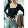 thumbnail image 2 of Women Long Sleeve Shirts Square Neck Tops Ribbed Knit Basic Crop Tops Fall Outfits Fashion Clothes Black L, 2 of 5