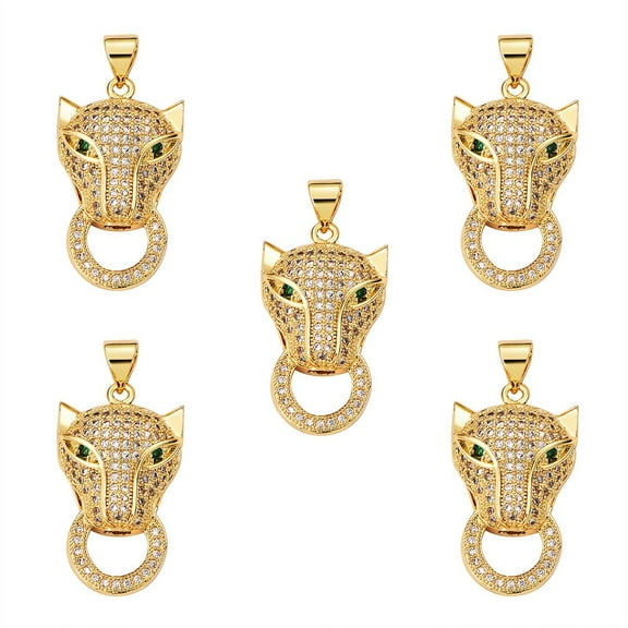 1 box 5pcs Brass Micro Pave Clear Green Cubic Zirconia Pendants Nickel Free Leopard Real 18K golden Plated 25.5x14.5x6.5mm Hole: 3x5mm