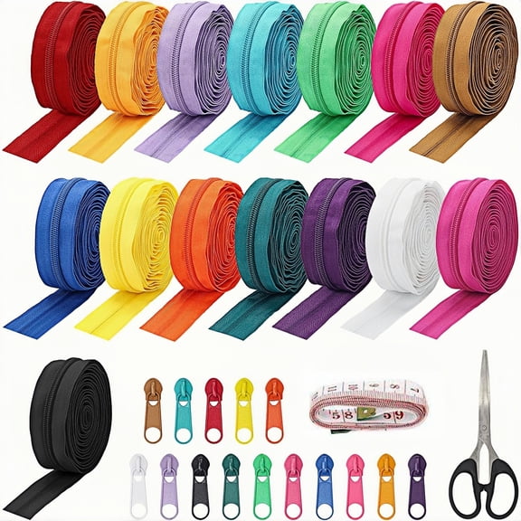 45 Yards 15 Colors #5 Nylon Coil Zippers with 90Pcs Pull Heads, Scissor, Ruler, Assorted Lengths Sewing Zipper for DIY Sewing Crafts Zipper Tape for Clothes, Bag, Purse Making Supplies Kit (Model 2)