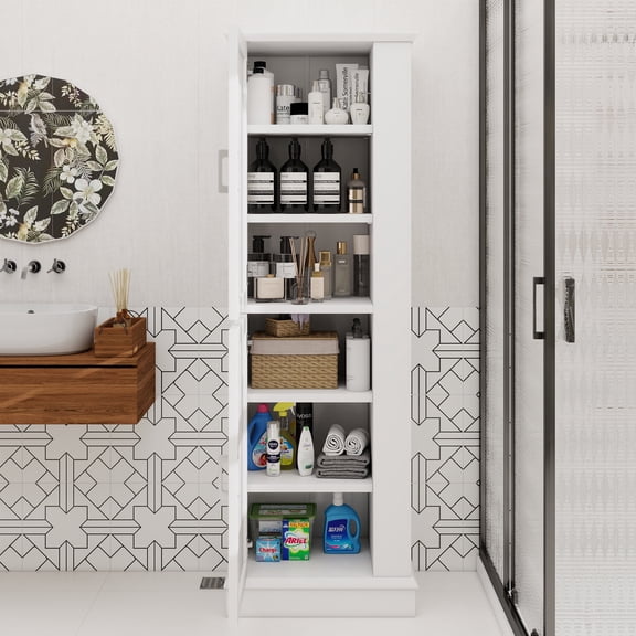 Tall Bathroom Storage Cabinet, Freestanding Storage Cabinet with Hook and Adjustable Shelf, MDF Board, White