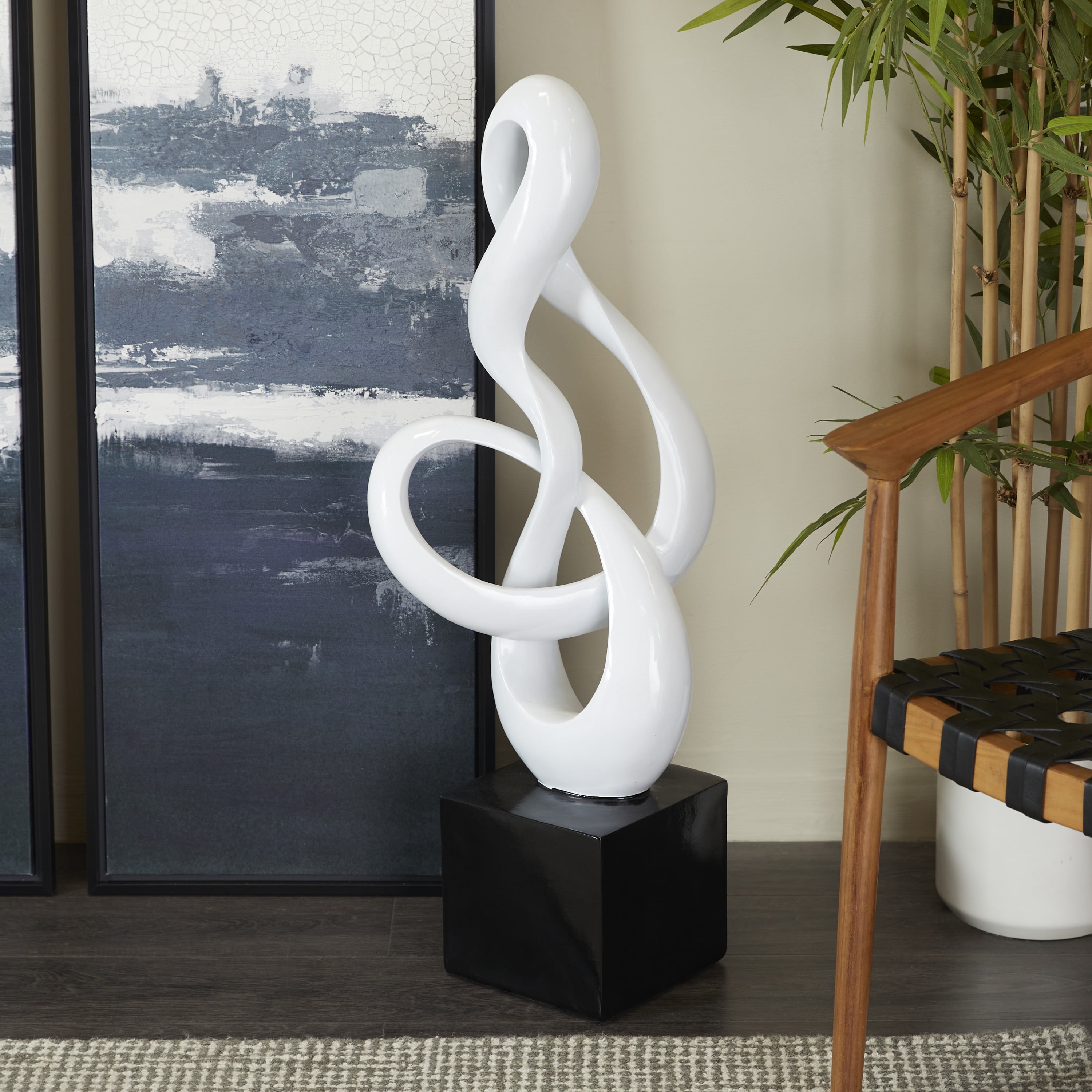 15" x 37" White Polystone Swirl Abstract Sculpture with Black Base, by DecMode