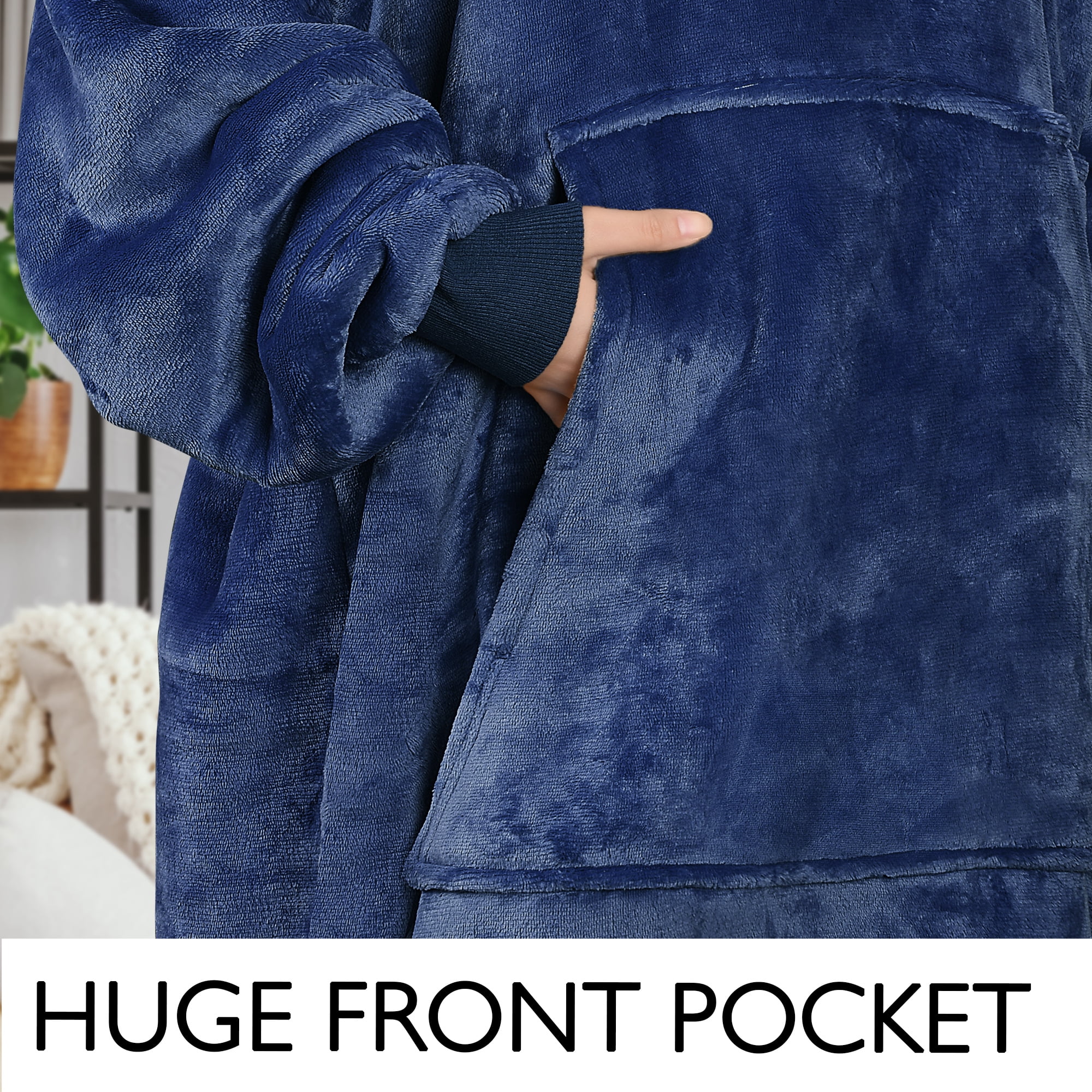 Catalonia Oversized Hoodie Blanket Sweatshirt, Comfortable Sherpa Lounging Pullover for Adults, Gifts for Women, Navy Blue