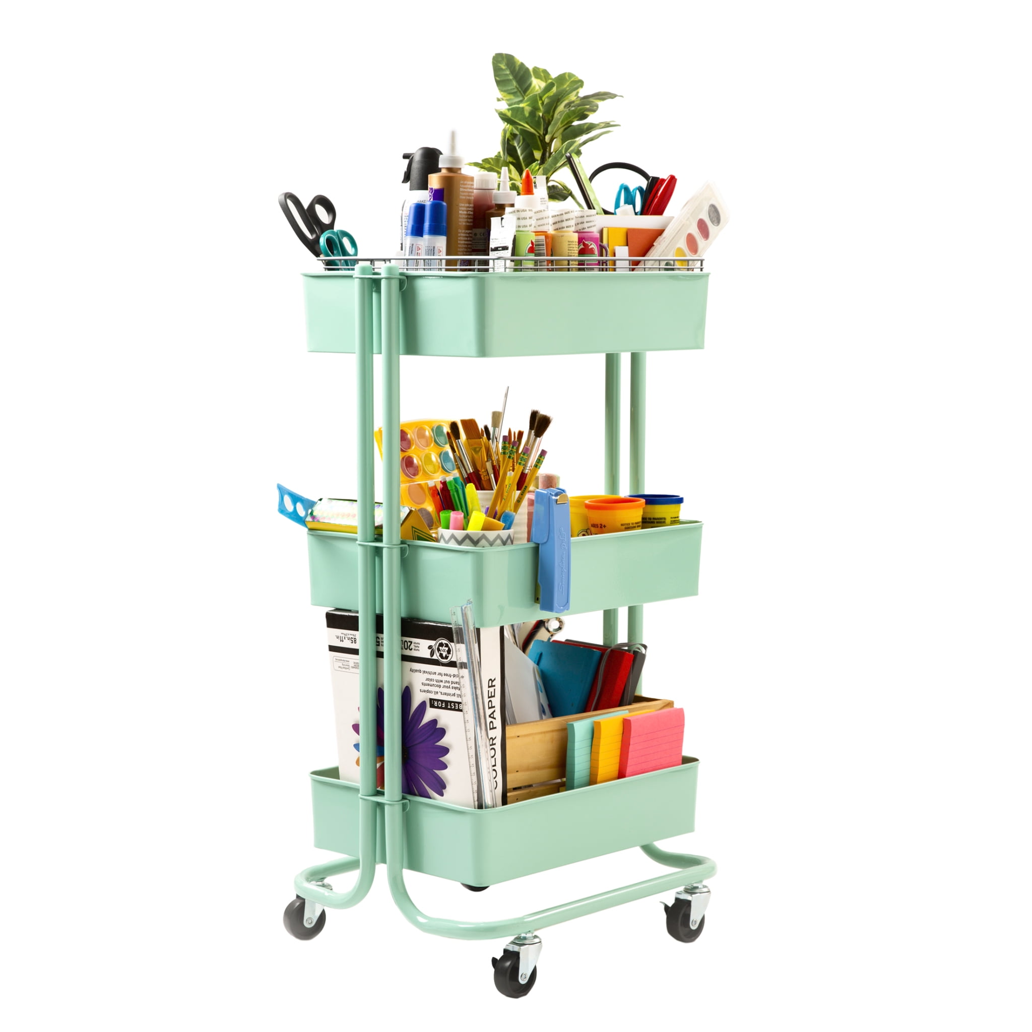 Seville Classics 3-Tier Rolling Steel Storage Bin Utility Kitchen Trolley with Wheels Cart, Green
