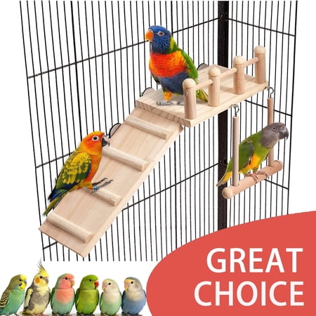 BellaNotes Bird Perches Platform Swing with Climbing Ladder, Parakeet Cage Accessories Wooden Playing Gyms Exercise Sturdy for Small Birds