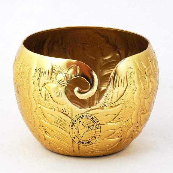 Hind Handicrafts Premium Solid Handmade Crafted Metallic Finish Portable - Iron Yarn Storage Bowl - Holder for Knitting Crochet Hook Accessories (Brass, 6" x 6" x 4")