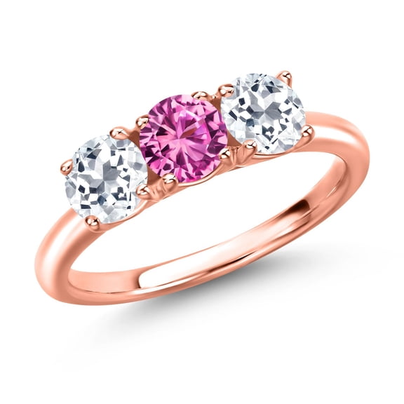 Gem Stone King 18K Rose Gold Plated Silver Pink Created Sapphire and White Topaz Engagement Ring for Women | 1.75 Cttw | Round 5MM | Gemstone September Birthstone | Size 6