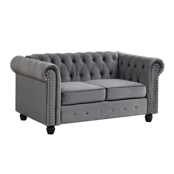 RN Furnishings Velvet Fabric Chesterfield Loveseat with Sheltering Arms in Gray