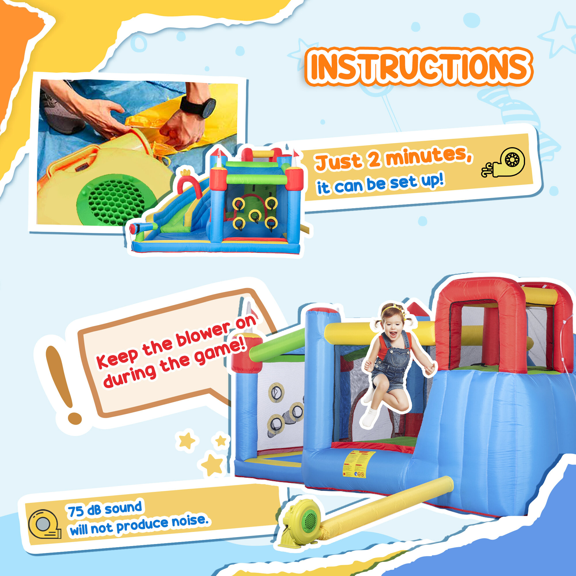 Kids Outdoor Toys, 6-in-1 Inflatable Bounce House with Slide, Climbing Wall, Water Cannon, and More, Inflatable Water Slide for Kids with 2 Min. Inflation with Inflator, Outdoor Play Equipment