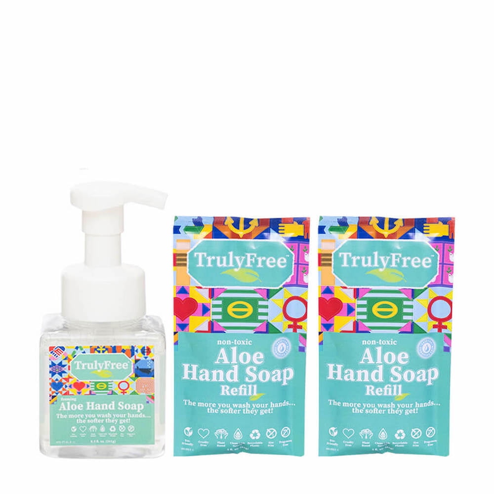 Truly Free Refillable Non-Toxic Aloe Hand Soap (2-Pack); Liquid Hand Soap; No Harsh Ingredients; Moisturizing With 10x Concentrated Aloe Vera; Includes: Empty Bottle, 2 Refills (each make 8.5 oz)
