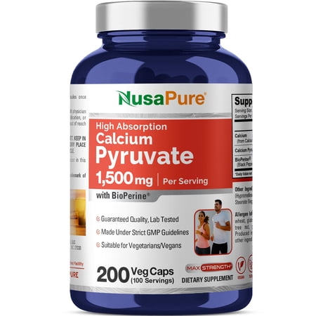 NusaPure Calcium Pyruvate - Suitable for Vegetarian/Vegan, Non - GMO - 1500 mg - 200 Capsules