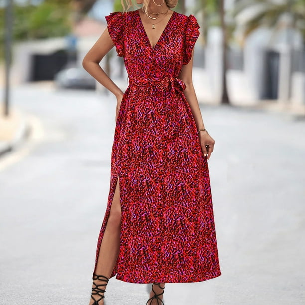 Gibobby Vestidos Casuales para Mujer Vestidos casuales de verano para mujer Vestido de manga corta con estampado de flores Vestido casual de playa Rojo XL Walmart en linea