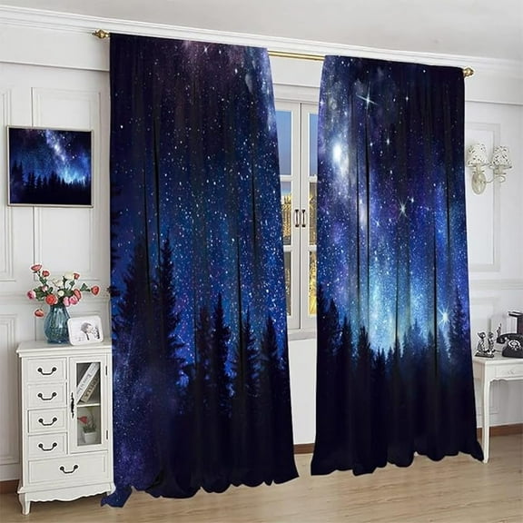 Blue Starry Galaxy Blackout Curtain,Night Forest Nature Scenery Rod Pocket Window Door Curtains For Living Room Bedroom Home Decor 53"W x 96"L (Pack of 2)