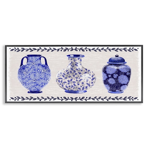 Stupell Industries Traditional Blue Vases Plants & Flowers Painting Black Framed Art Print Wall Art, 24 x 10