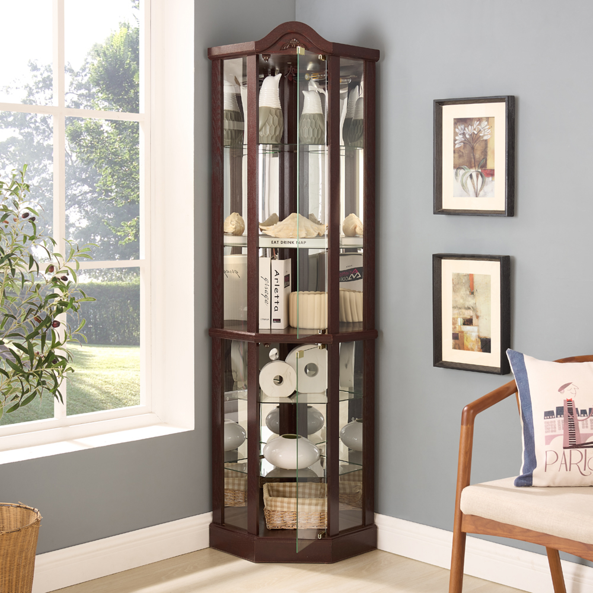 Leumius Glass Cabinet Lighted Corner Cabinet Corner Display Curio Cabinet, Glass Display with Light(Included)Bar Cabinet,Wine Cabinet with Adjustable Glass Shelves for Home Decor Cherry
