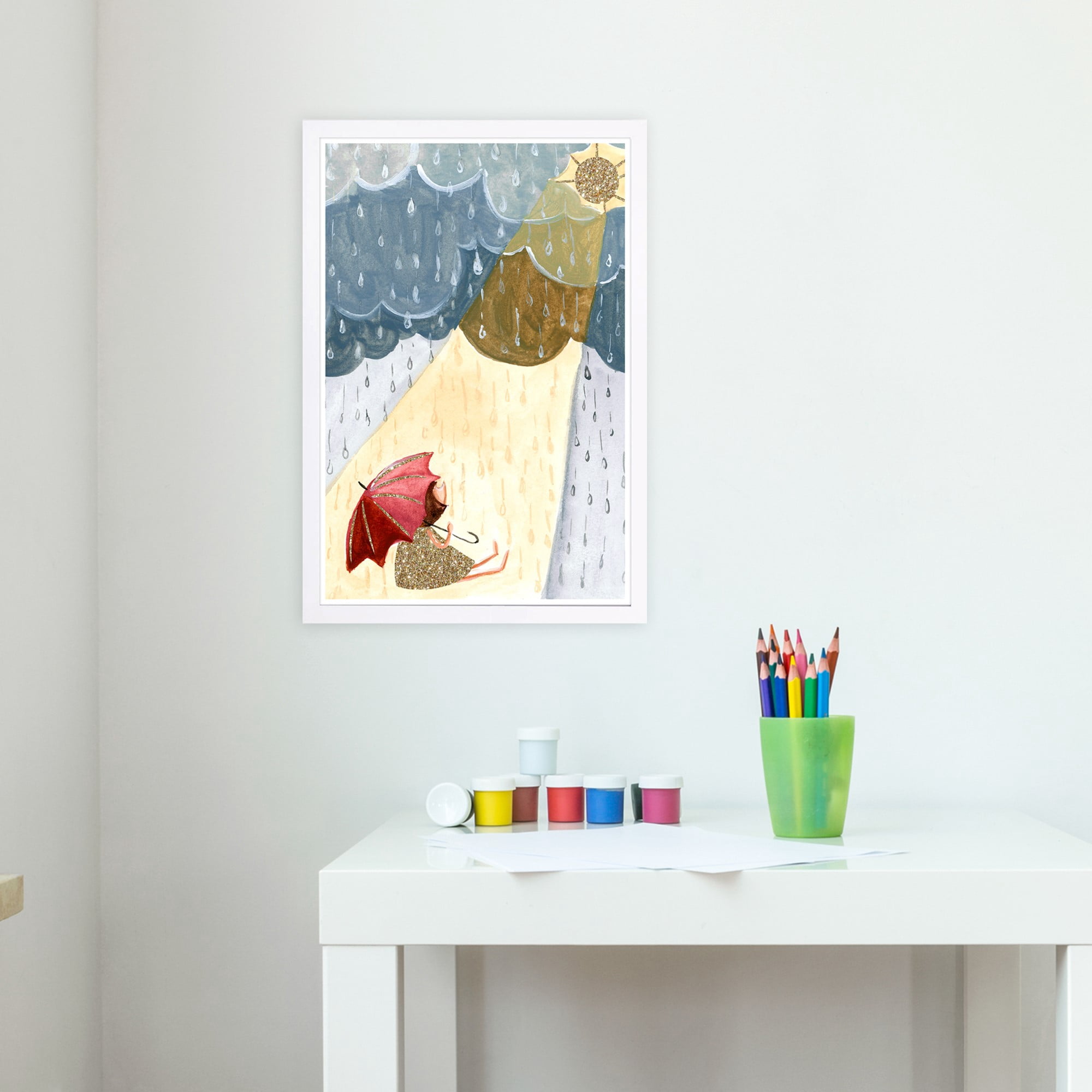Wynwood Studio 'Rain and Sun Girl' Nature and Landscape Framed Wall Art Print - Blue, Yellow