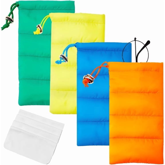 4 Pcs 4 Colors Soft Glasses Sunglasses Pouch Case Eiderdown Cotton Portable Drawstring Eyeglass Storage Bag Holder Protector with Cleaning Cloth