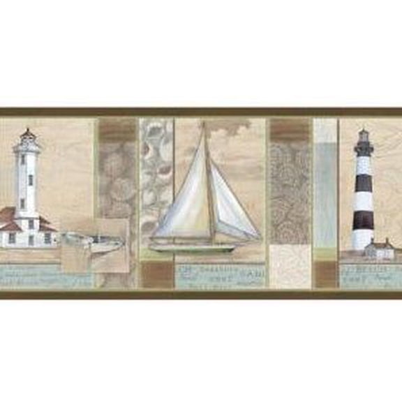 879764 Beige Crossing Sailboat Lighthouse Wallpaper Border DLR53542b