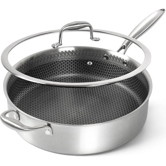 MICHELANGELO Tri-ply Stainless Steel Saute Pan 6 QT, 12.5 Inch Deep Frying Pan with Lid, 18/10 Large Saute Pan with Nonstick Honeycomb Interior, Induction Compatible & Oven