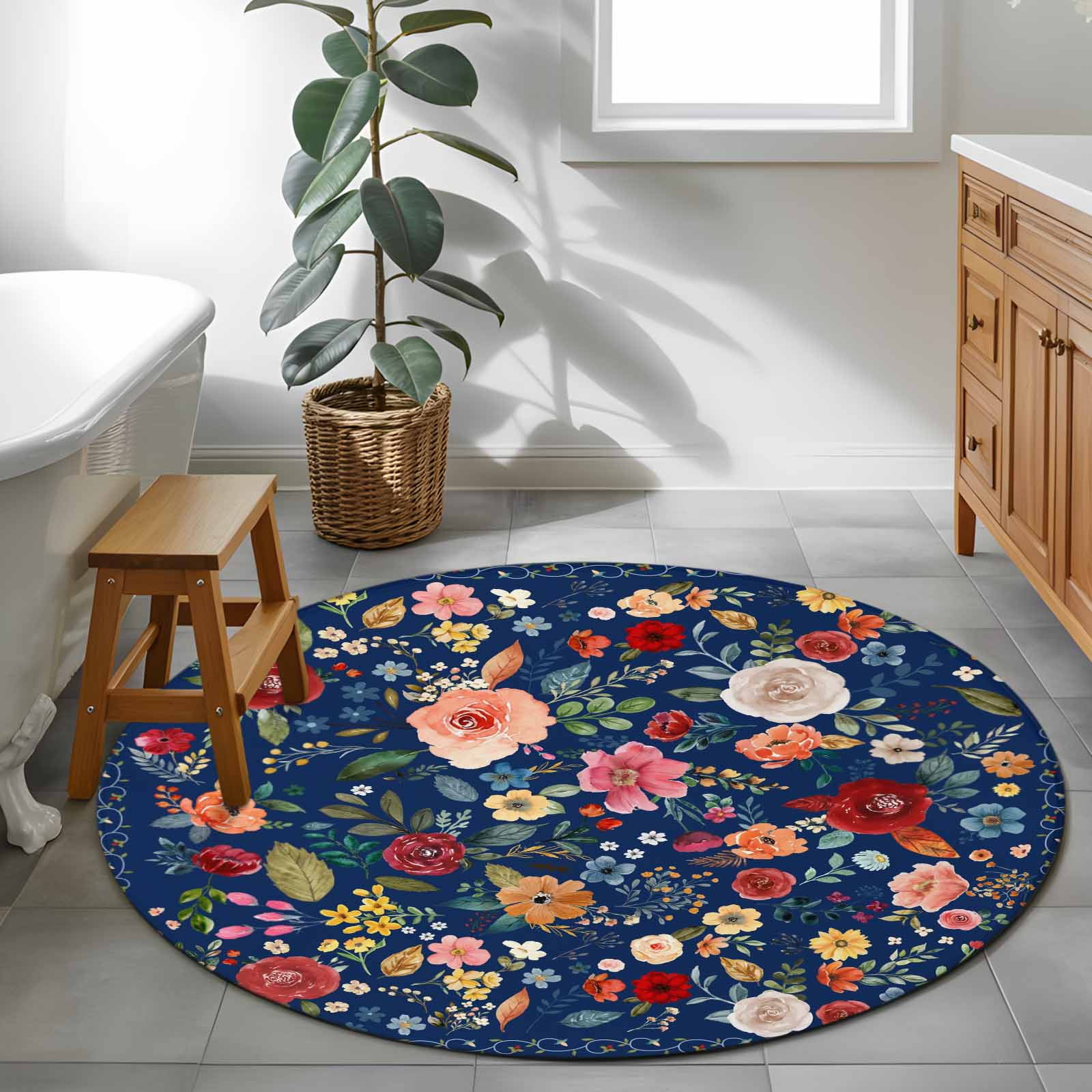 Round Rugs 3 Ft, Navy Blue Flowers Non Slip Area Rugs for Kitchen Bedroom Entryway, Spring Vintage Floral Leaves Farmhouse Washable Carpet Runner Rug Floor Mats for Bedroom Home Decor